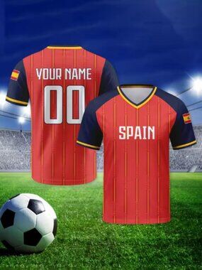 Spain Flag Colors Football Jersey - Red & Navy Blue Soccer Tee